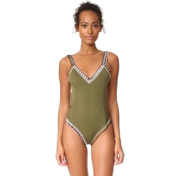 Kiini  Wren Swimsuit Scoop Back Maillot Crochet One Piece High Cut Olive Green S - Picture 5 of 16